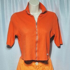 Calvin Klein Jeans Vibrant Orange Ribbed Cropped Short Sleeve Women's Top (L)